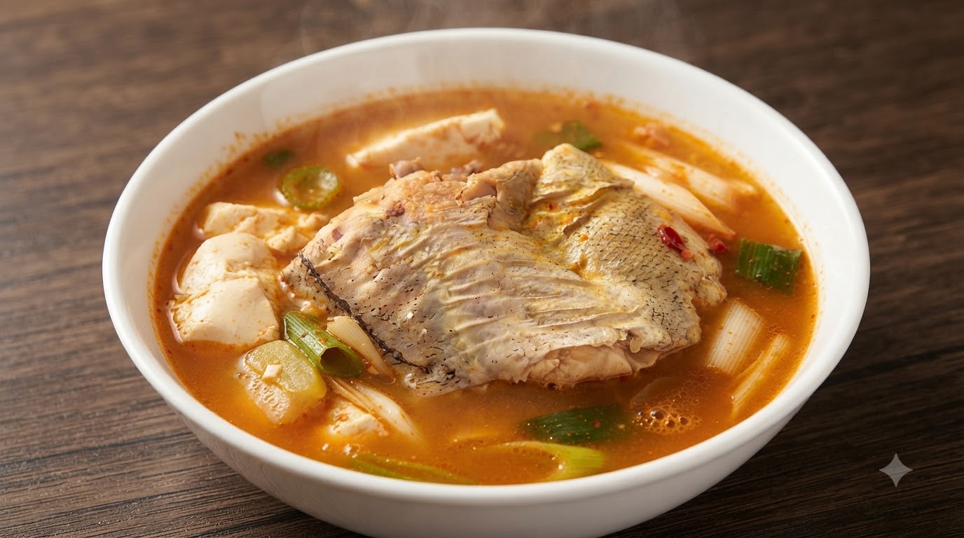 Una fumante ciotola di saporita zuppa di merluzzo con tofu morbido, teneri pezzi di pesce e un ricco brodo piccante.
