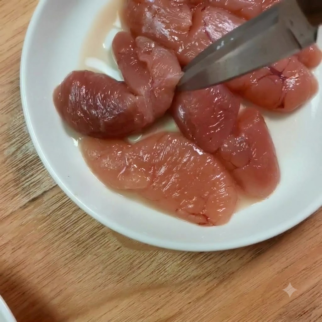 Pezzi di uova di merluzzo tagliati a pezzetti più piccoli con le forbici su un piatto bianco.