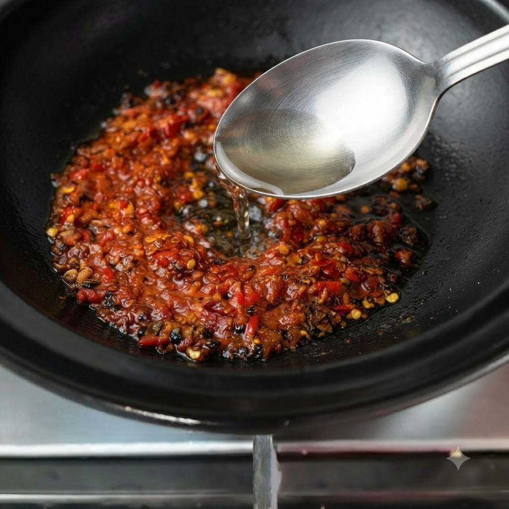 Acqua che scorre da un misurino nella pentola contenente la base di peperoncino.