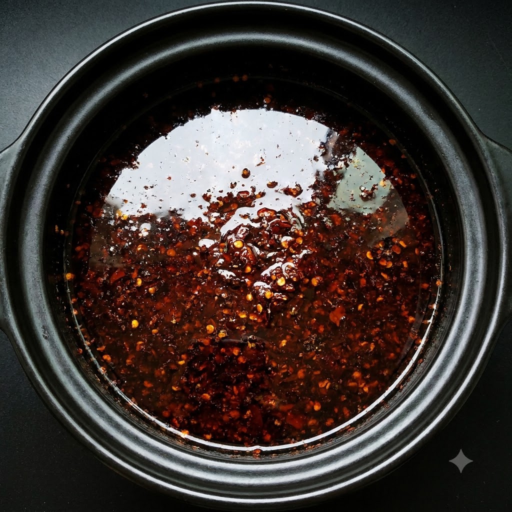 Salsa di soia versata nella miscela di brodo rosso scuro allinterno della pentola di terracotta.