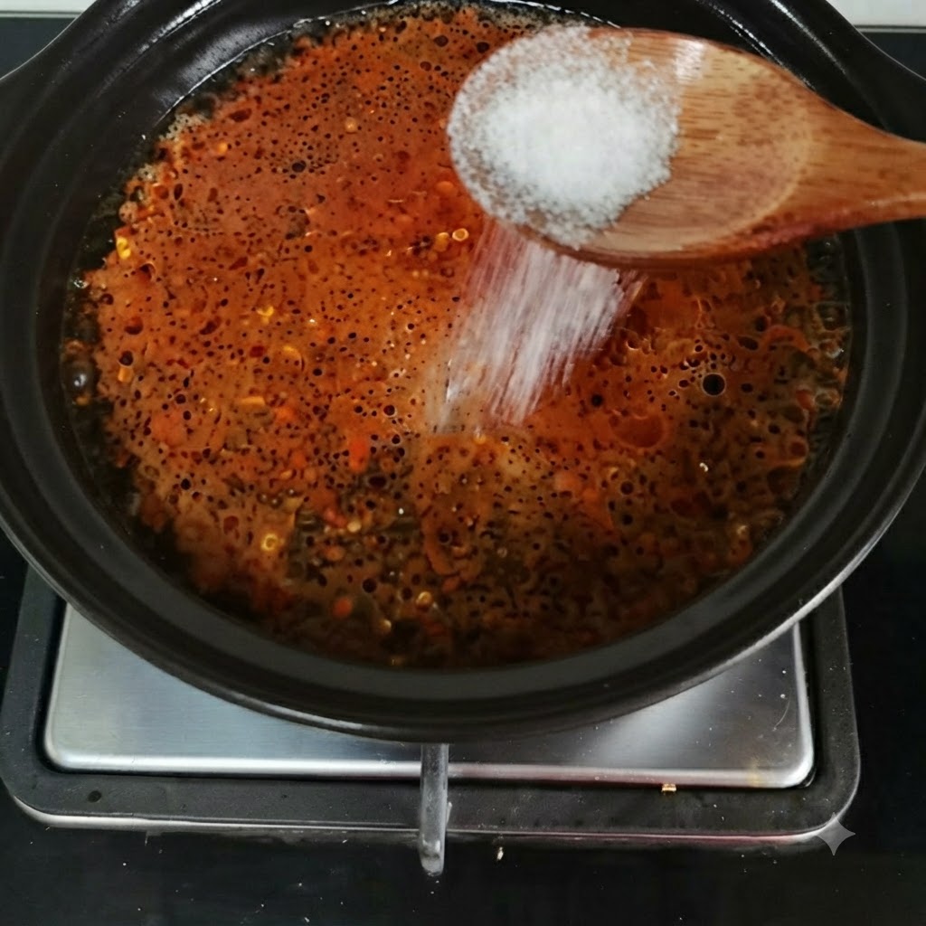 Sale versato da un cucchiaio di legno in una pentola bollente di brodo rosso condito.