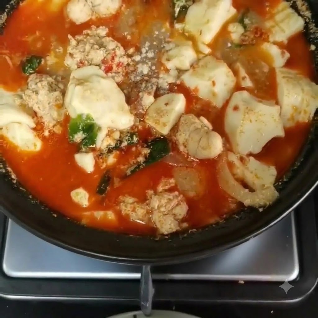 Pepe in polvere cosparso su una pentola in ebollizione riempita di uova di merluzzo, tofu morbido e zuppa rossa piccante.