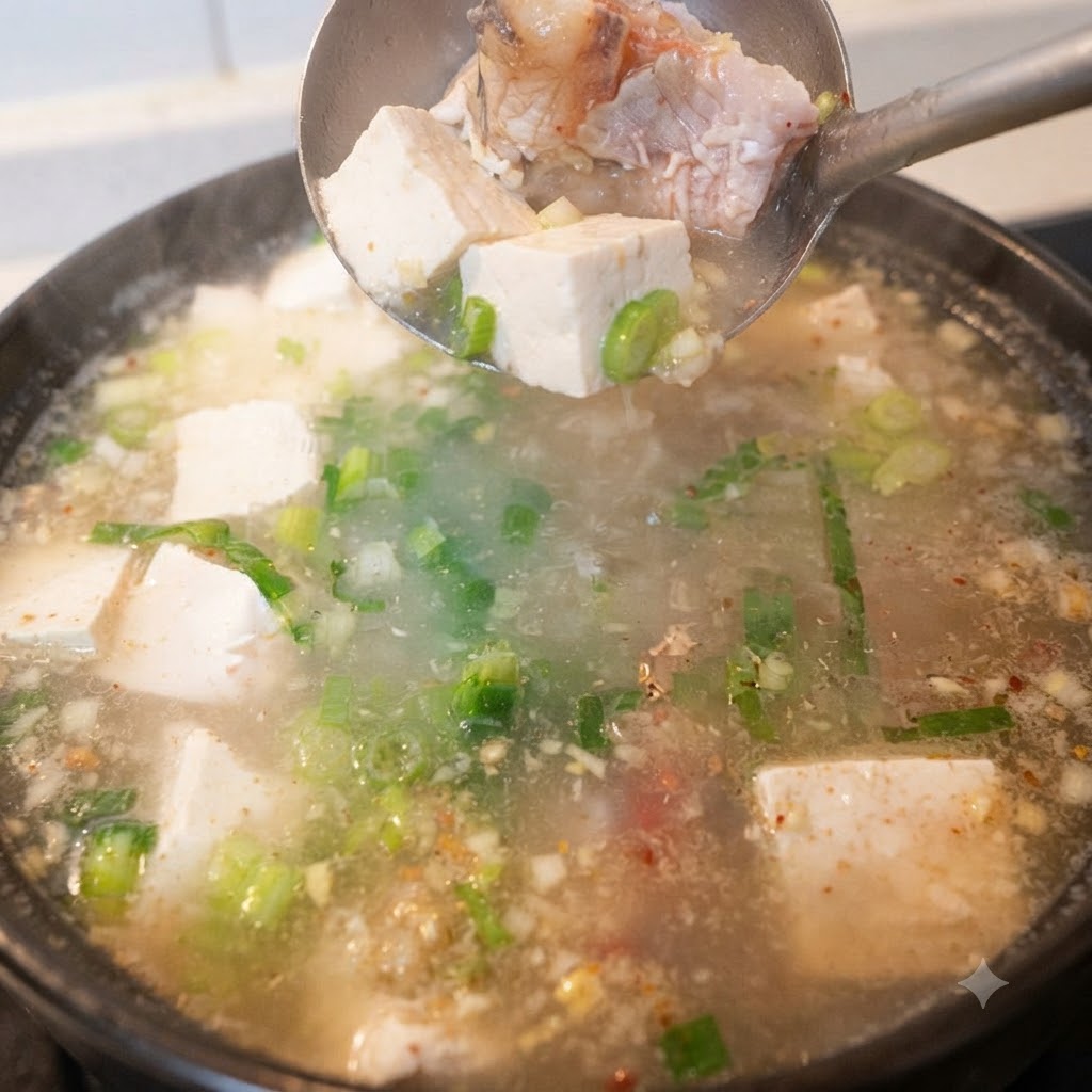 Cubetti di tofu aggiunti a una pentola di zuppa di pesce in ebollizione usando un mestolo.