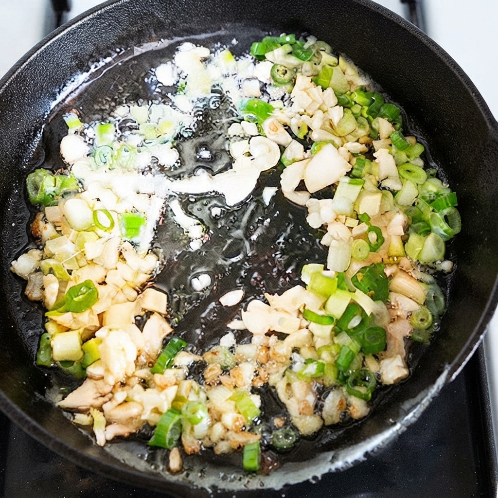 Cipollotti, aglio tritato e zenzero sfrigolanti in olio caldo allinterno di una padella nera.