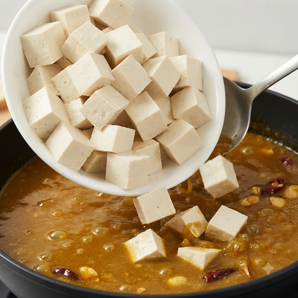 Cubetti di tofu versati da una ciotola bianca nel brodo della zuppa che bolle.