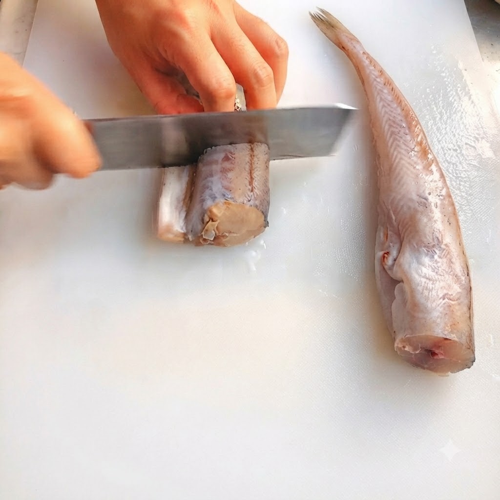 Merluzzo dellAlaska affettato in porzioni con un coltello su un tagliere bianco.