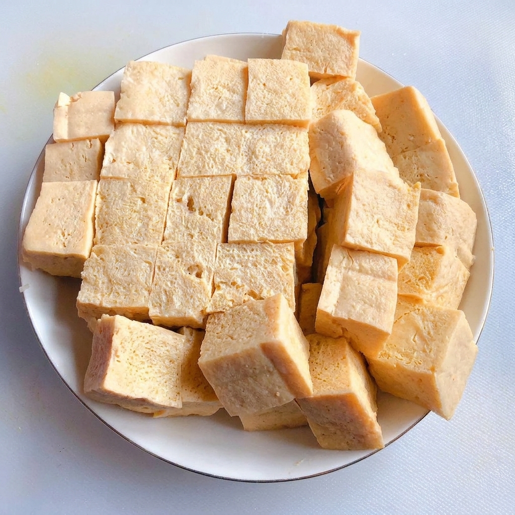 Un piatto di cubetti di tofu sodo disposti ordinatamente su un piatto bianco.