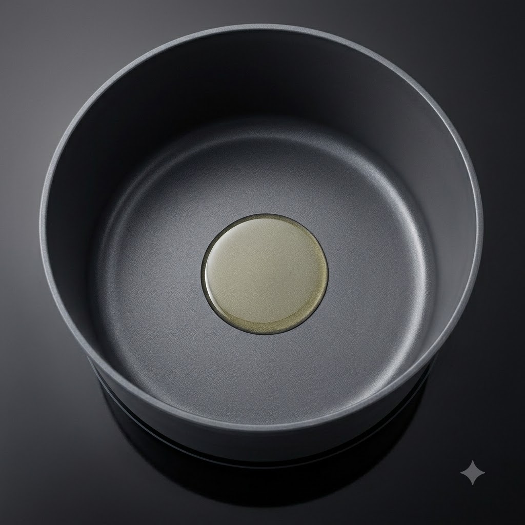 Una pentola rotonda con olio di semi caldo sul fondo.