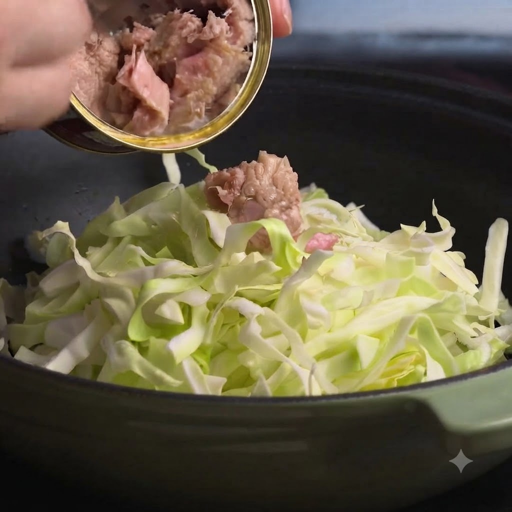 Una mano che versa la carne di tonno in scatola da una lattina aperta in una pentola verde riempita di cavolo affettato.