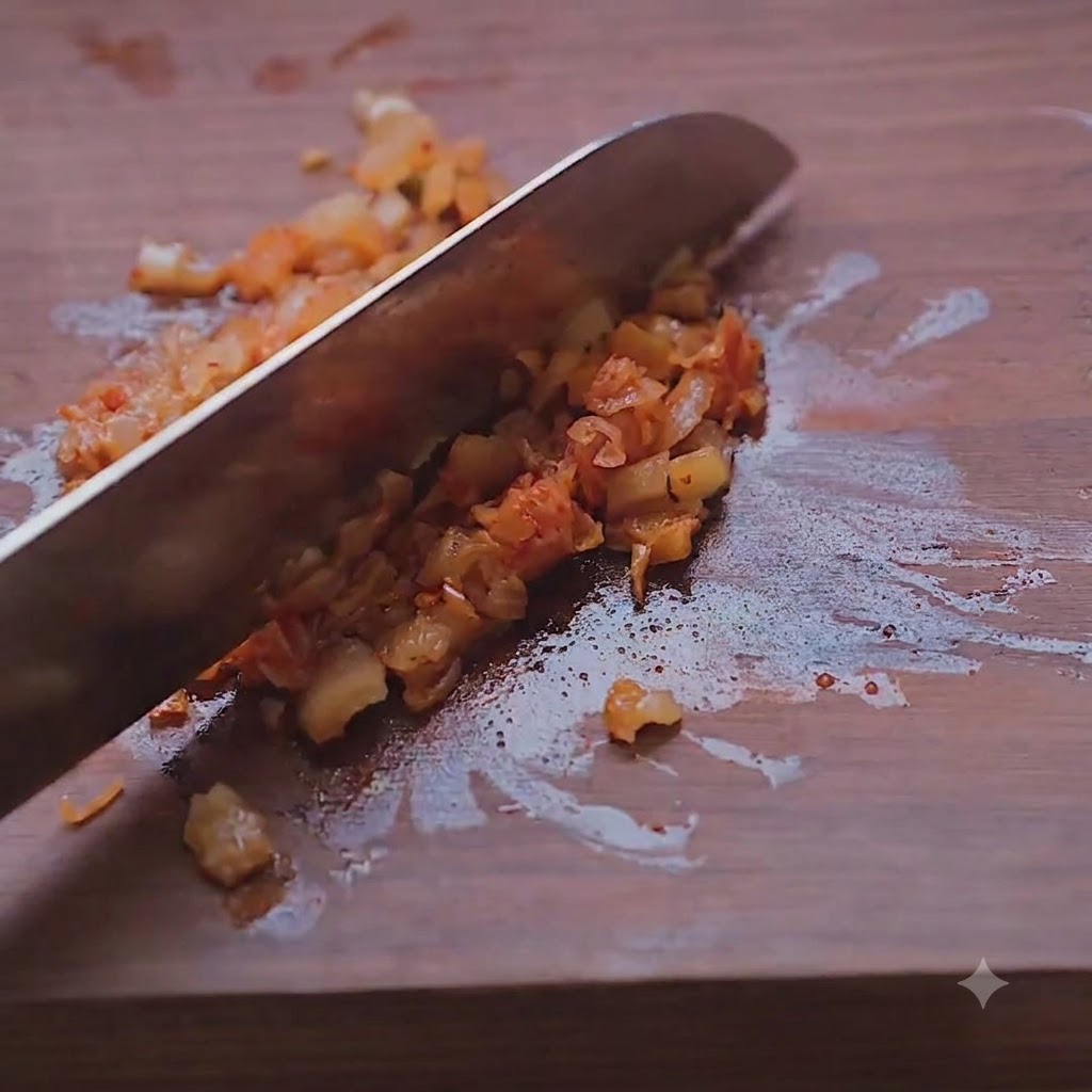 Kimchi tritato finemente mescolato nellinsalata di tonno.