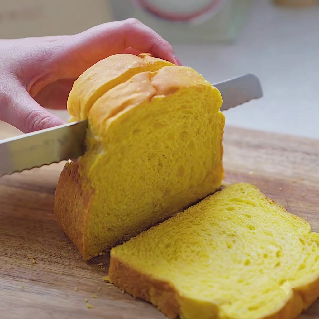 Una pagnotta di pane alla zucca tagliata a fette spesse.