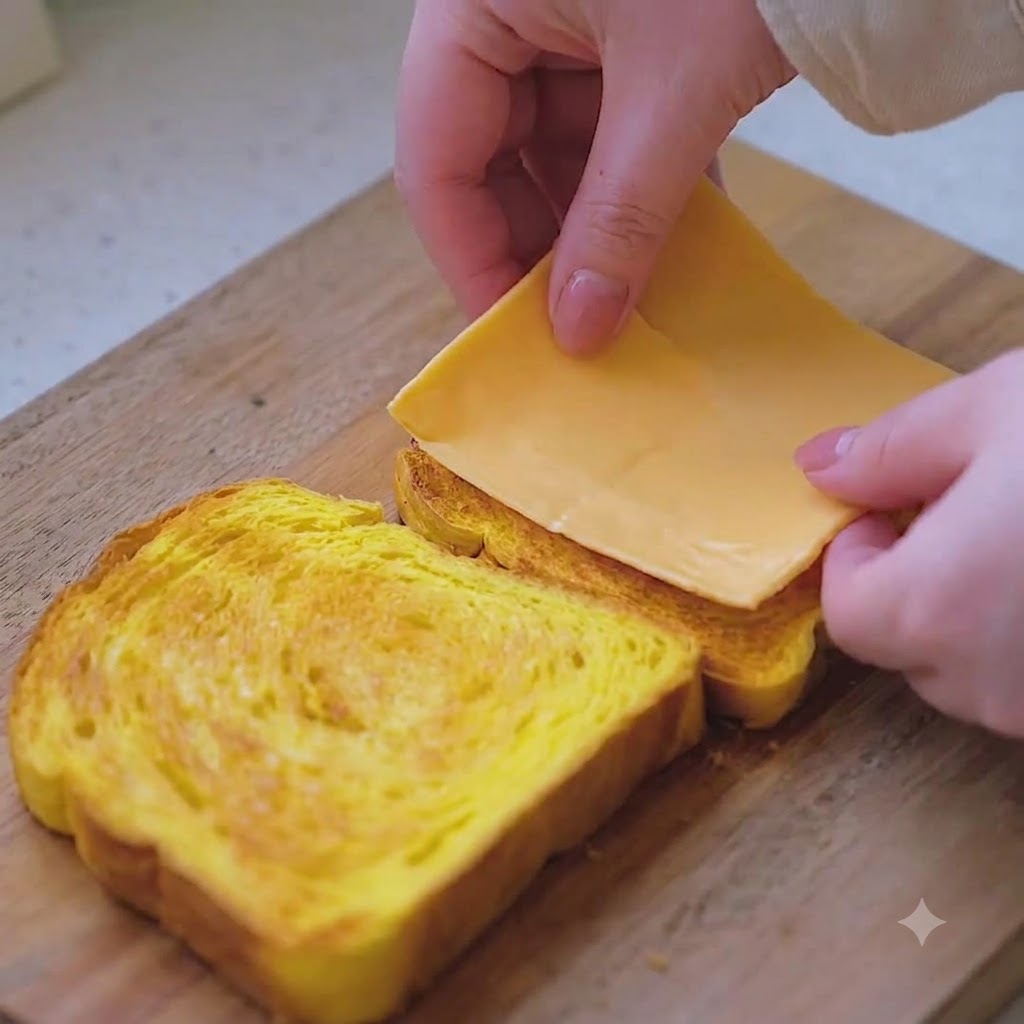 Due fette di formaggio disposte sul pane alla zucca ancora caldo su un tagliere.