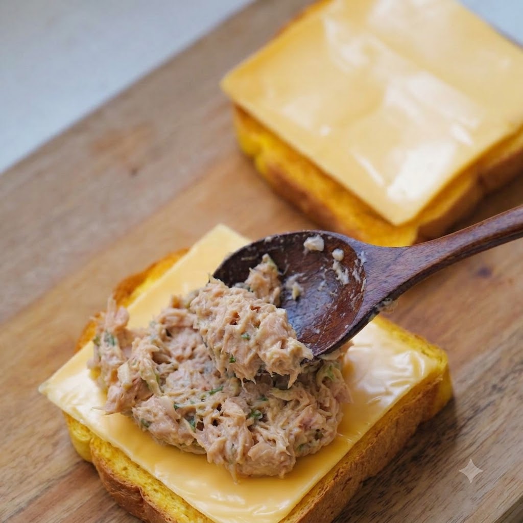 Un cucchiaio di legno spalma il composto di tonno e kimchi su una fetta di pane con formaggio.