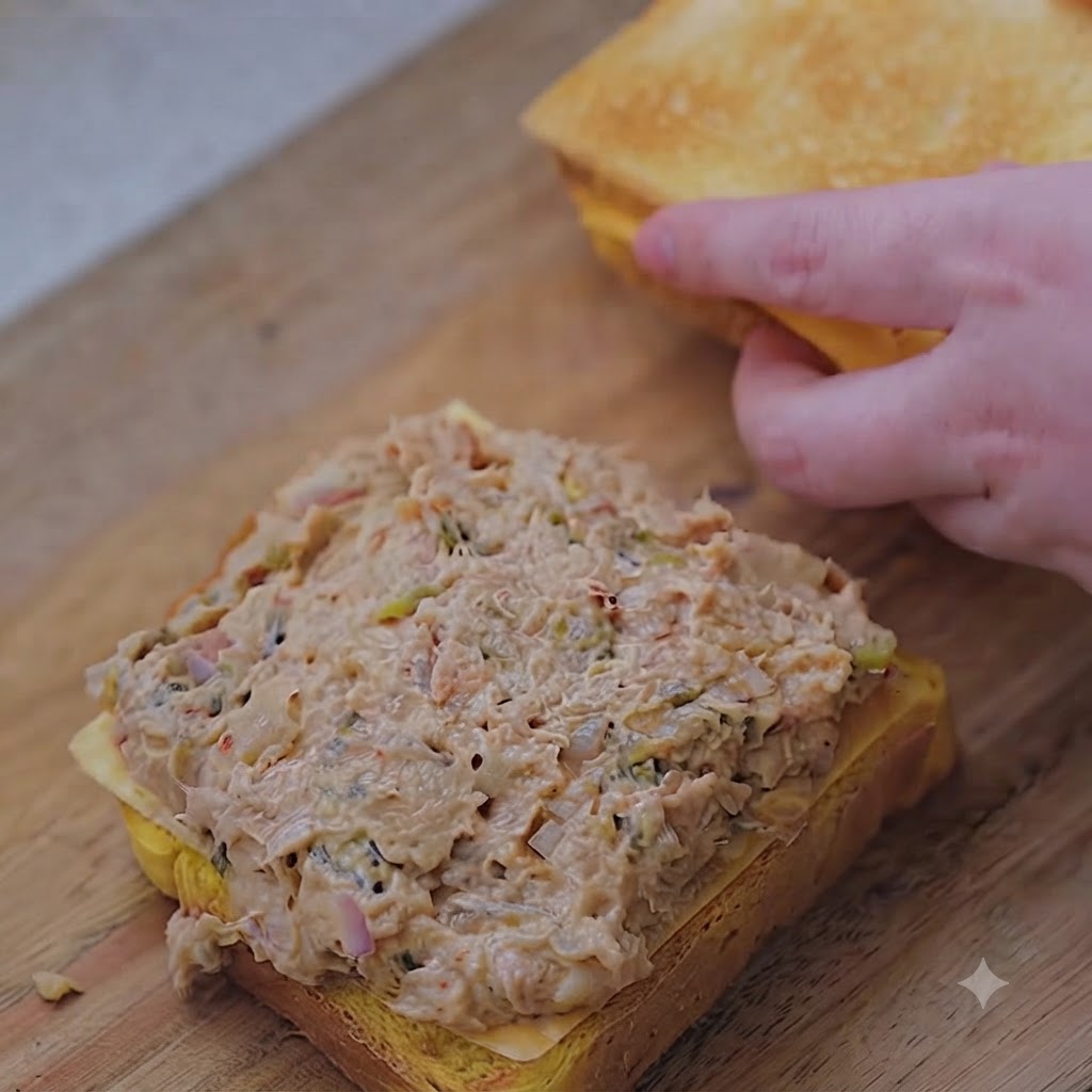 Una mano posiziona la fetta superiore di pane tostato sul ripieno del panino.