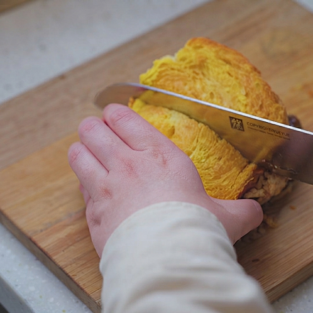 Un coltello affilato taglia in diagonale un panino ripieno su un tagliere.