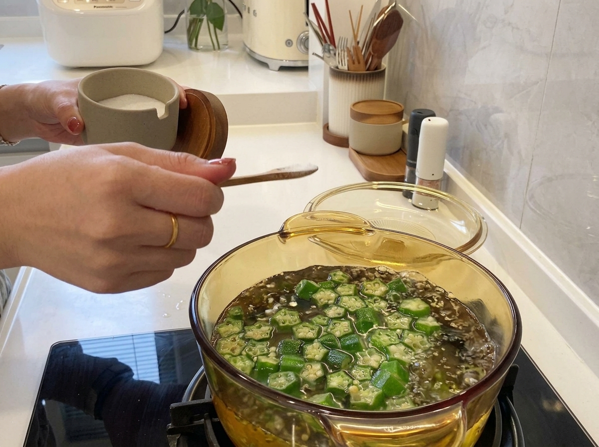Una mano che aggiunge un cucchiaio di sale a una pentola di vetro trasparente in ebollizione piena di okra verde a fette.