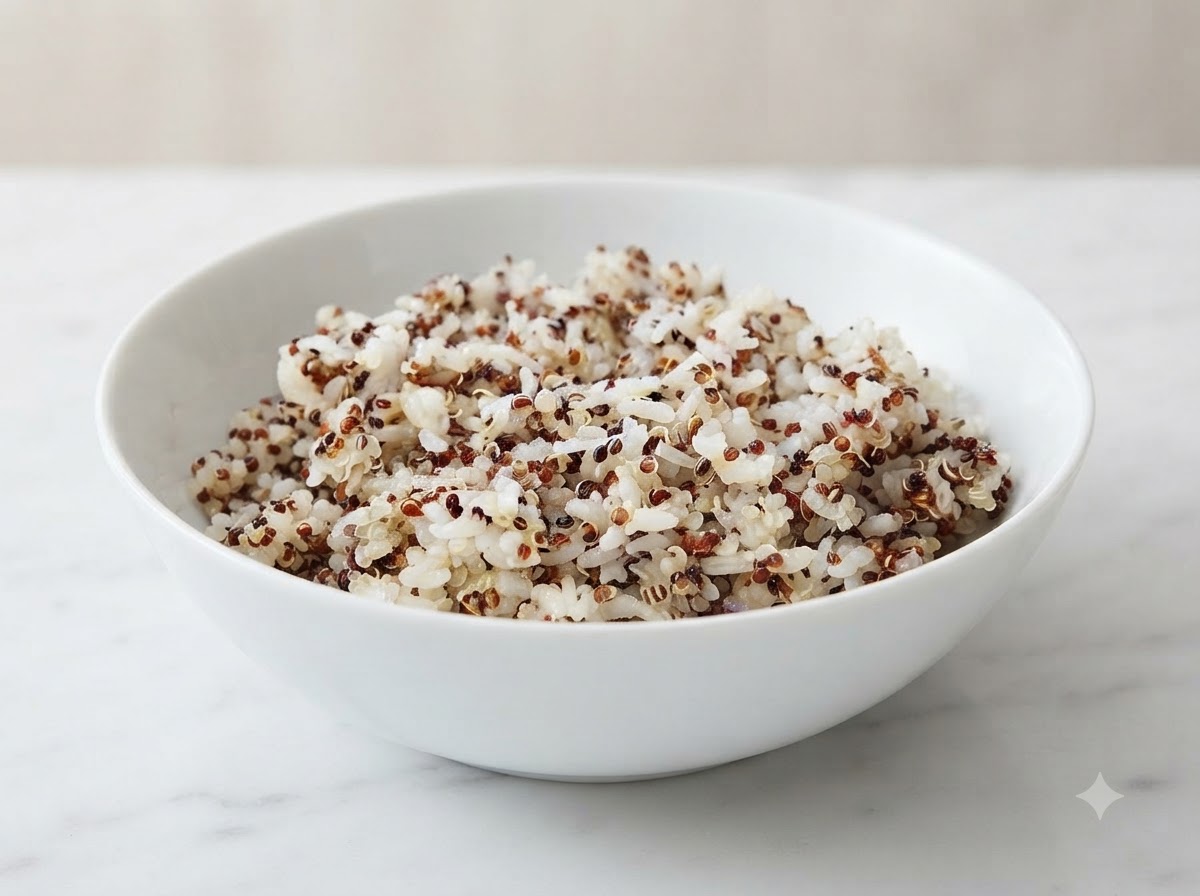 Miscela di quinoa e riso bianco appena cotti serviti ordinatamente in una ciotola di ceramica bianca pulita.