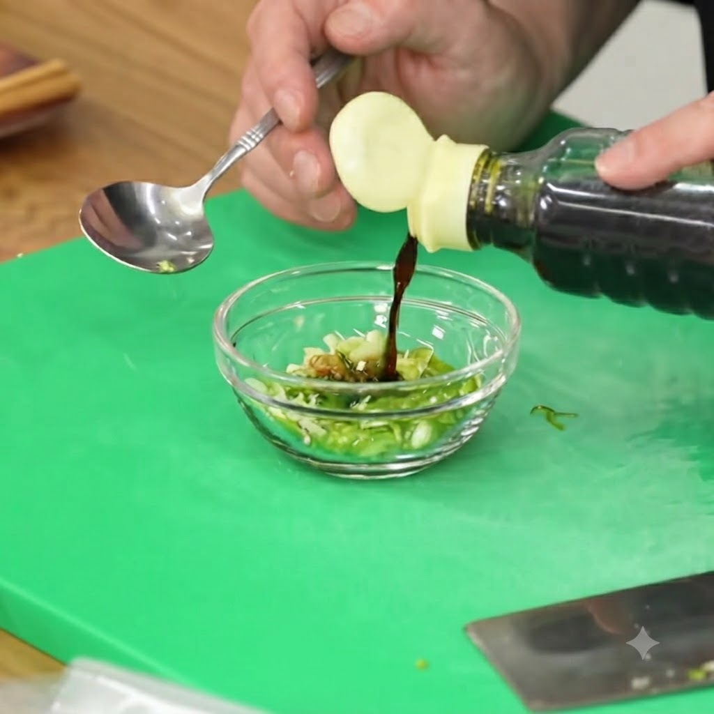 Salsa di soia versata in una piccola ciotola di vetro contenente cipollotti e peperoncini tritati.