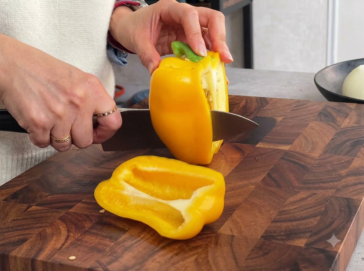 Un peperone giallo tagliato a striscioline uniformi su un tagliere di legno con un coltello.