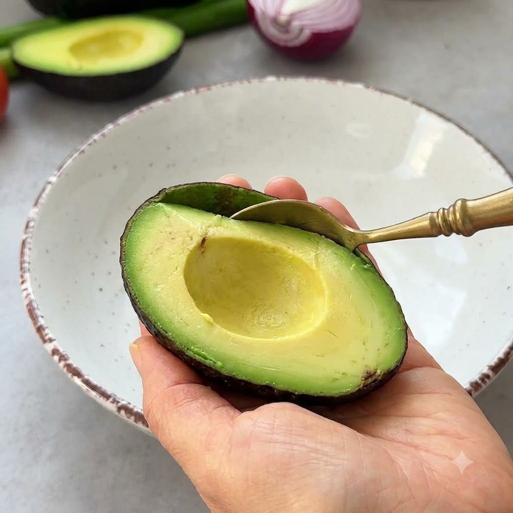 Mezzo avocado tenuto in mano mentre un cucchiaio di metallo scava la polpa verde in una grande ciotola bianca.