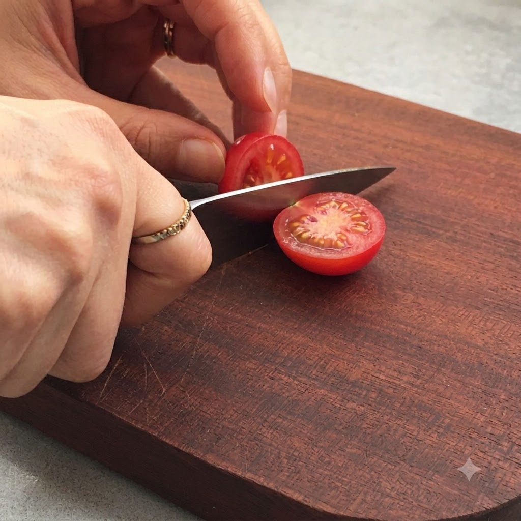 Un pomodorino tagliato a metà su un tagliere di legno con un piccolo coltello da cucina.