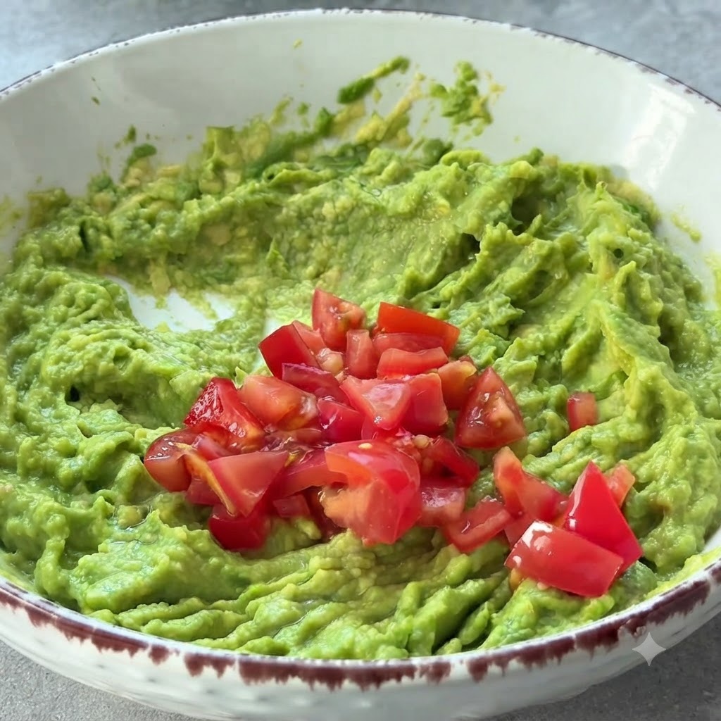 Pomodorini rossi appena tritati ammucchiati sopra una ciotola di crema di avocado verde pronta per essere mescolata.