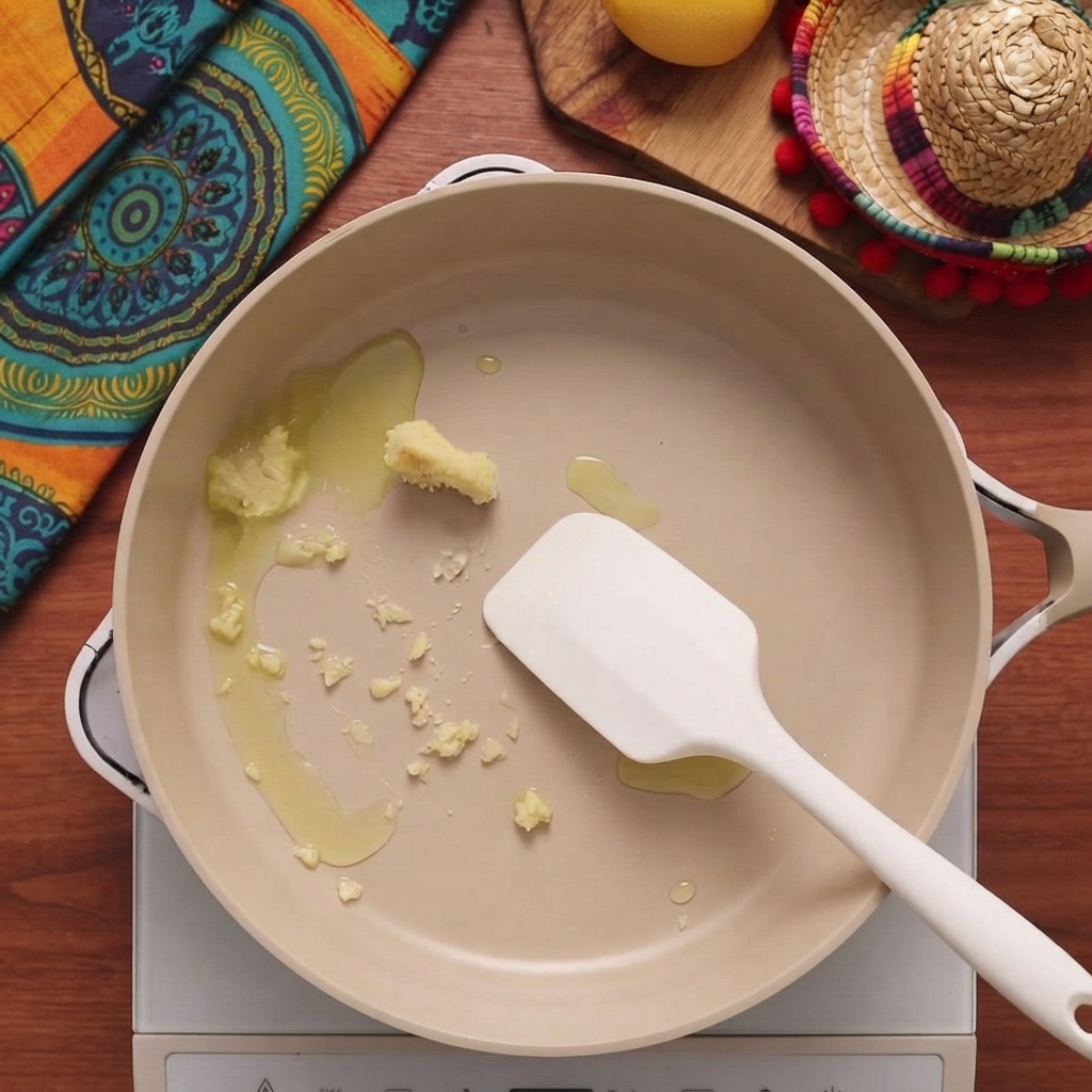 Aglio tritato e olio doliva che sfrigolano in una padella antiaderente calda.