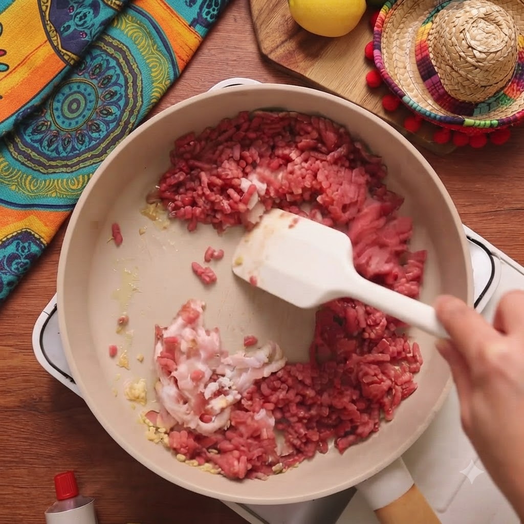 Pancetta tritata e carne macinata cruda aggiunte nella padella con laglio.