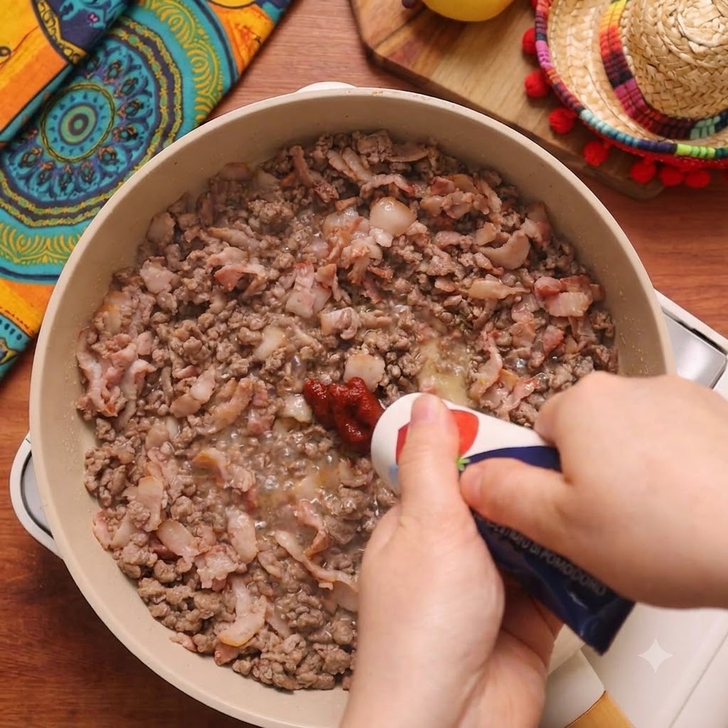 Concentrato di pomodoro aggiunto da un tubetto nel composto di carne cotta nella padella.