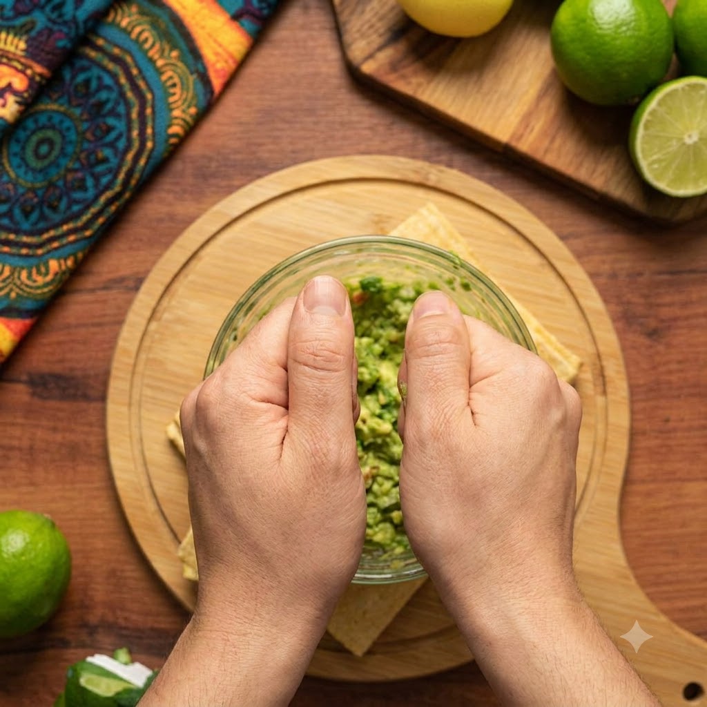Avocado fresco schiacciato accuratamente fino a ottenere una pasta liscia allinterno di una ciotola di vetro trasparente su un tagliere di legno.
