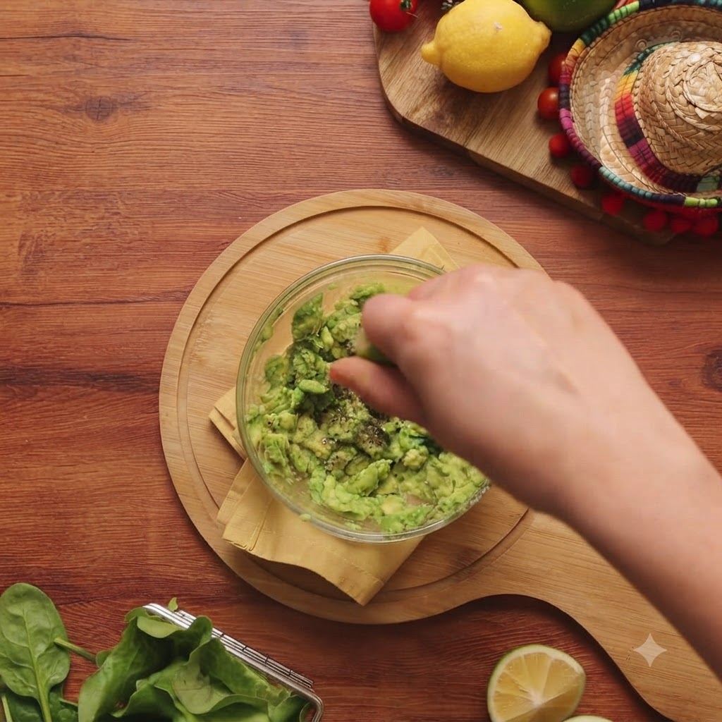 Succo di limone, sale e pepe mescolati nella purea di avocado appena schiacciata in una ciotola di vetro.