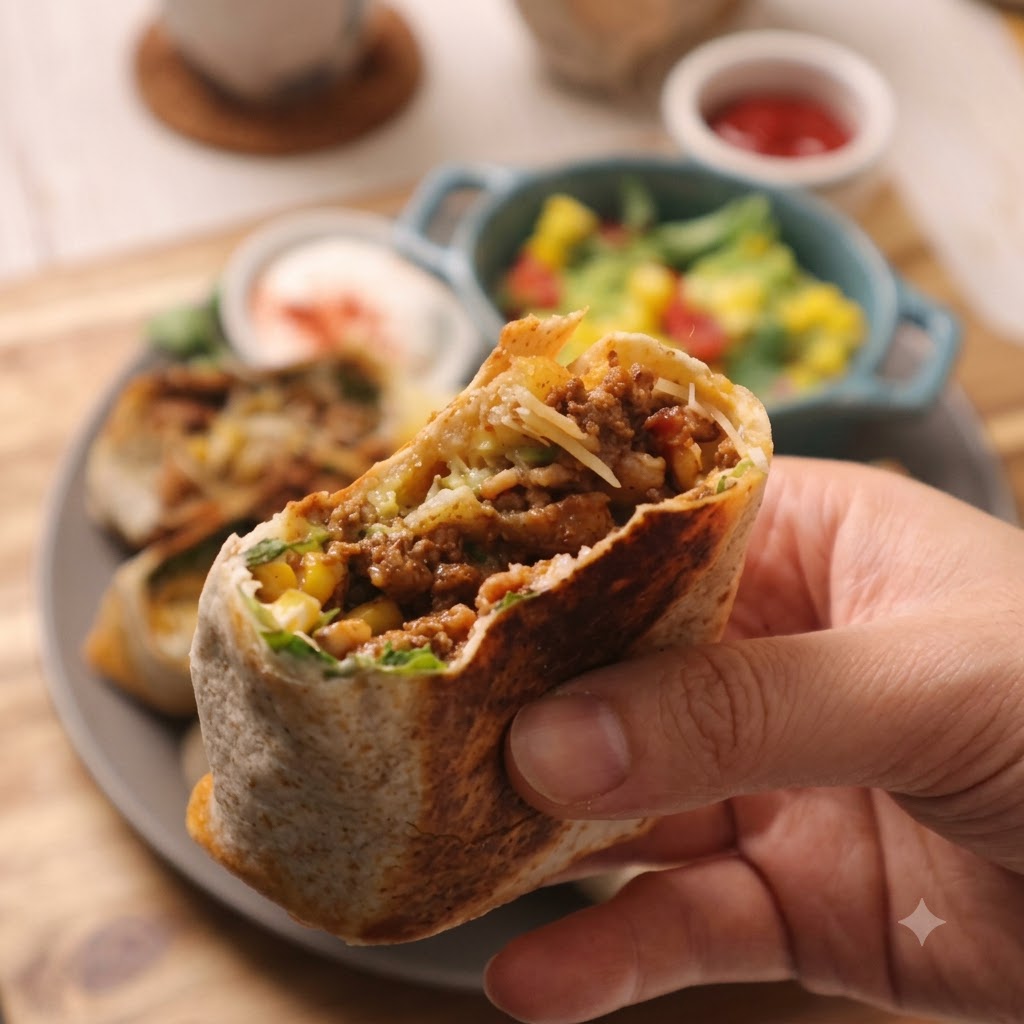 Lattuga verde fresca tritata disposta ordinatamente sul wrap di tortilla preparato.