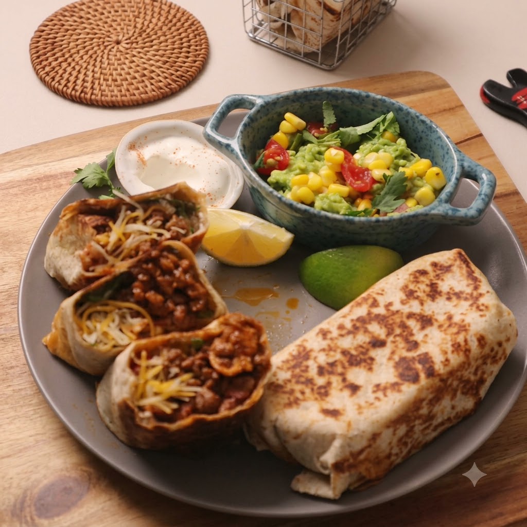 Pomodori a cubetti e chicchi di mais dolce sparsi sul ripieno del burrito.