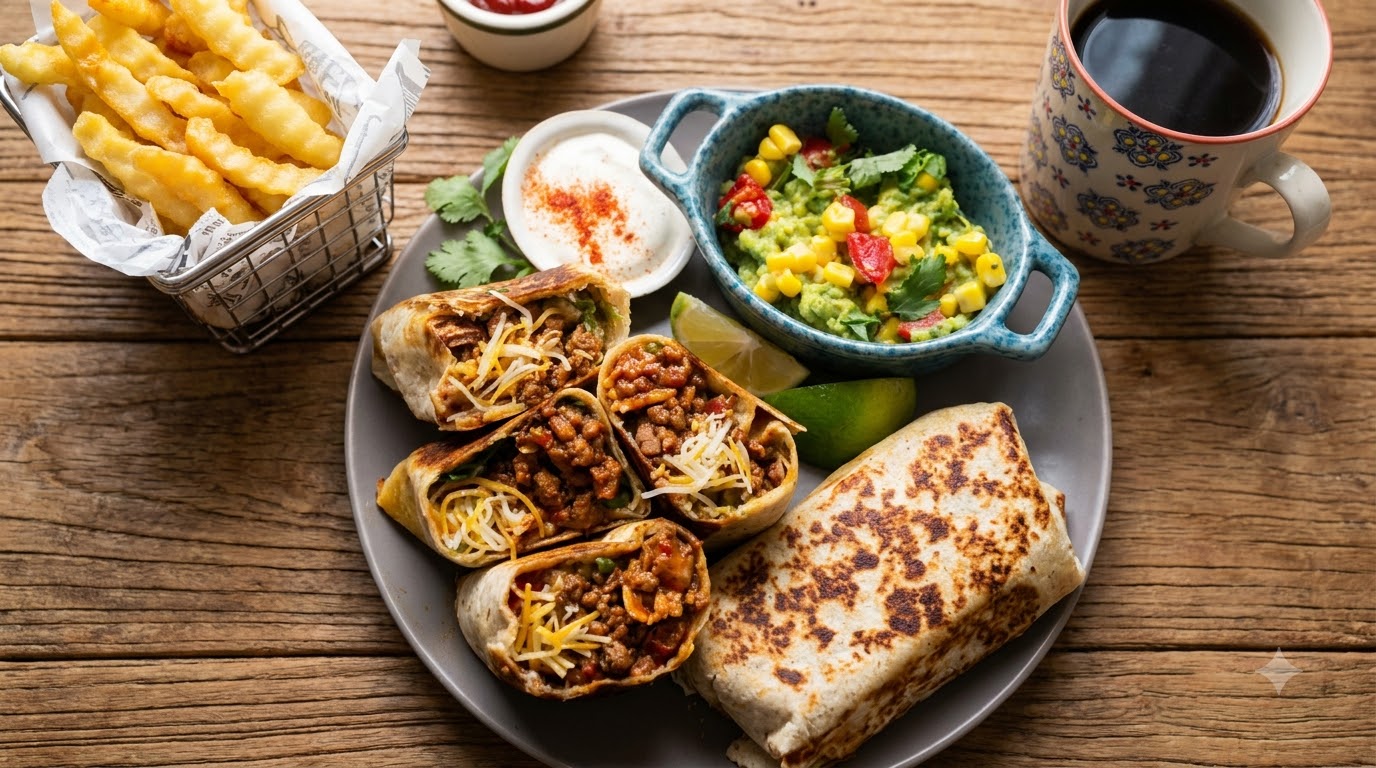 Burrito di manzo al formaggio supremo con guacamole fresco