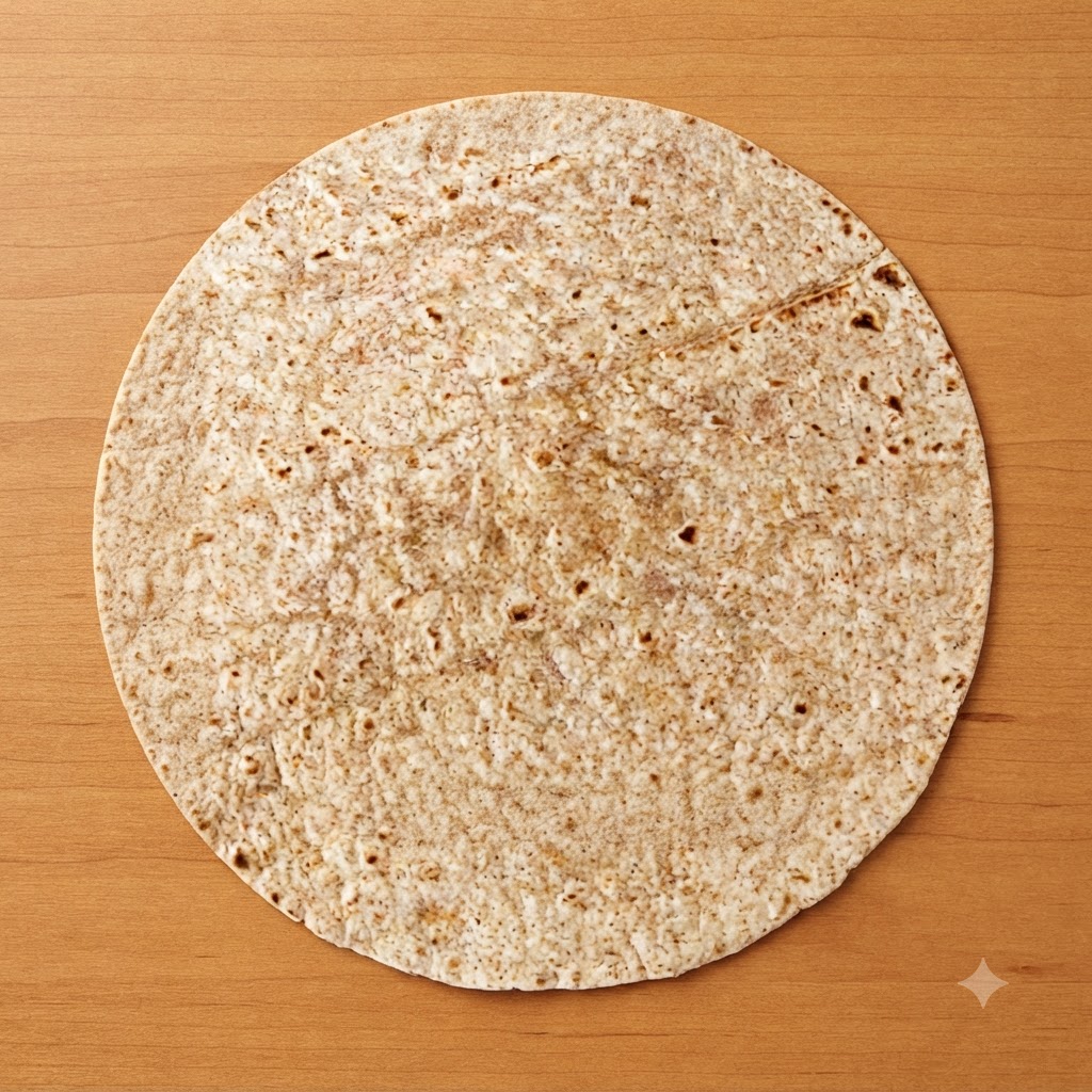 Un coppapasta rotondo che preme su una grande tortilla su un tagliere di legno per creare piccoli involucri.