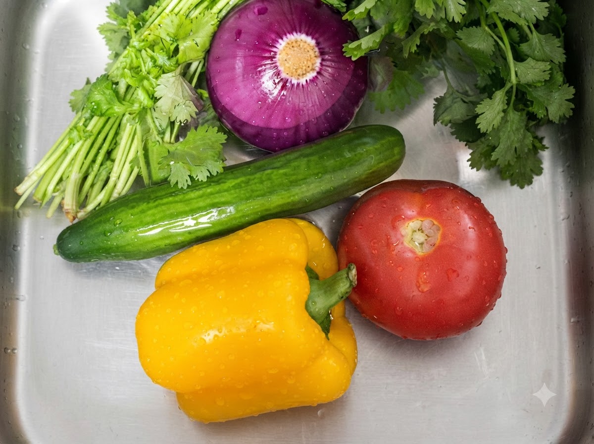 Peperoni freschi, cipolla rossa, cetriolo, pomodoro e coriandolo in ammollo in un lavandino di metallo pieno dacqua.
