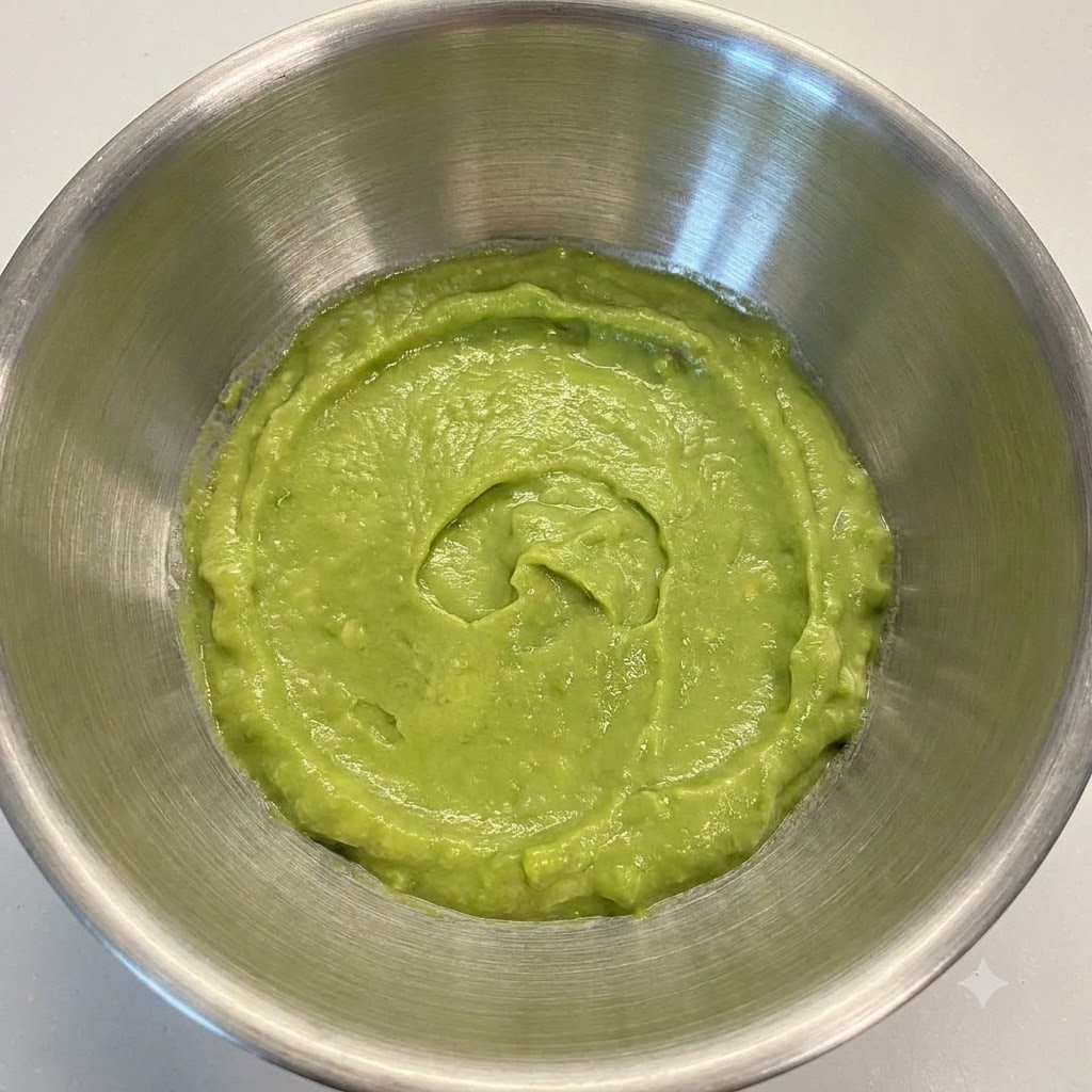 Un avocado maturo schiacciato in una pasta verde liscia e vibrante allinterno di una ciotola di miscelazione in metallo usando un pestello.