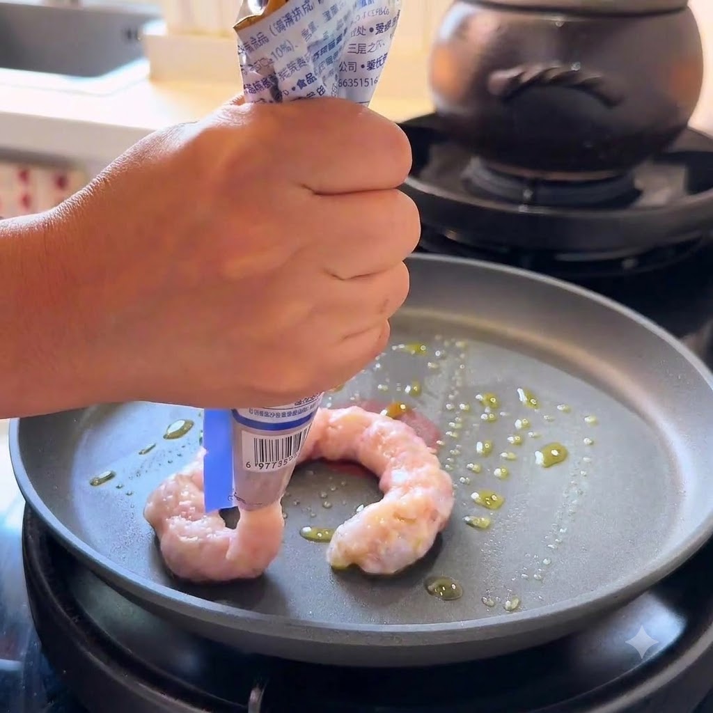 Una coppia di mani che spremono la pasta di gamberi rosa da un tubetto formando due cerchi in una padella unta.