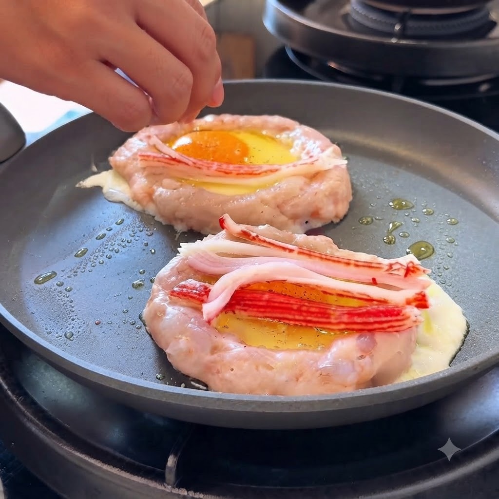 Una mano che posiziona pezzi di surimi sfilacciato sopra le uova allinterno degli anelli di pasta di gamberi.