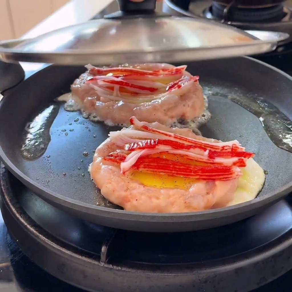 Un coperchio di metallo posizionato sopra una padella contenente gli anelli di pasta di gamberi e le uova con acqua che crea vapore.