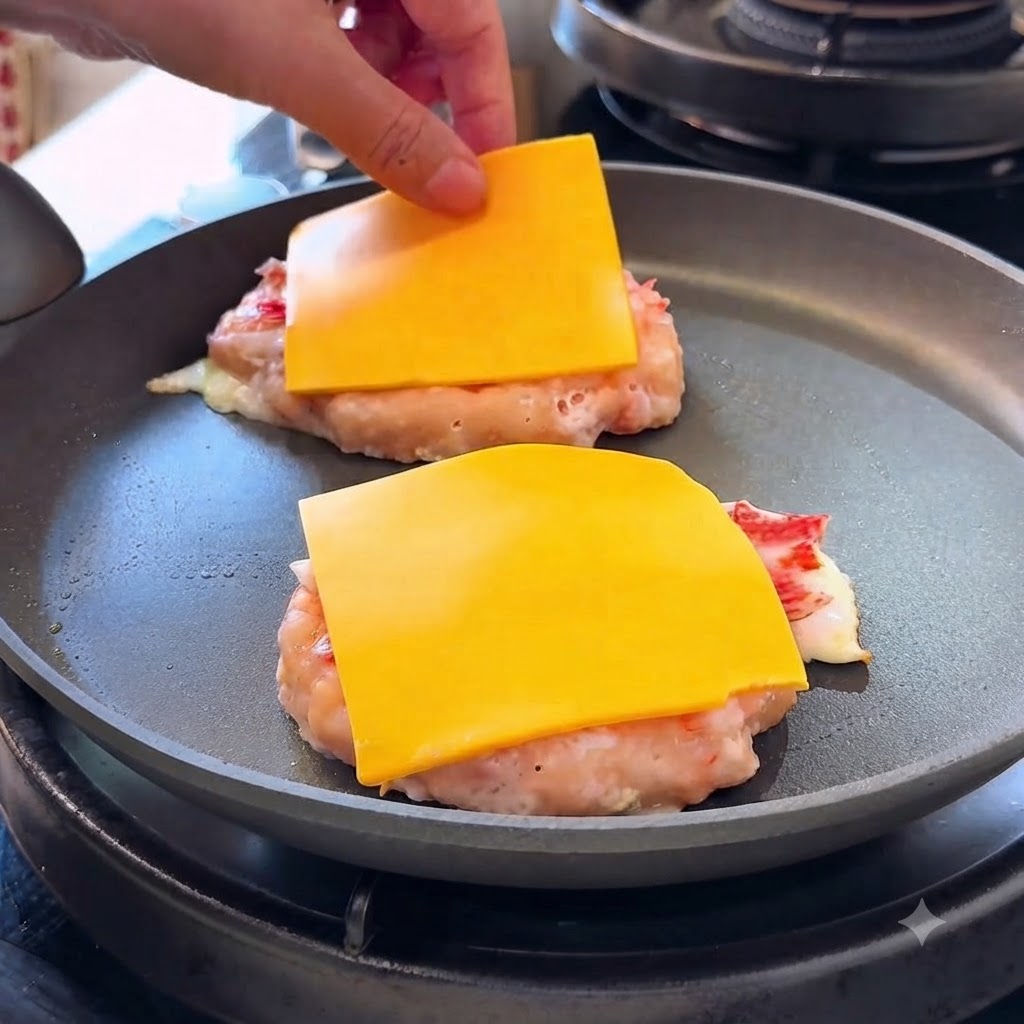 Una mano che posiziona fette di formaggio giallo sopra le uova cotte e i tortini di gamberi in padella.