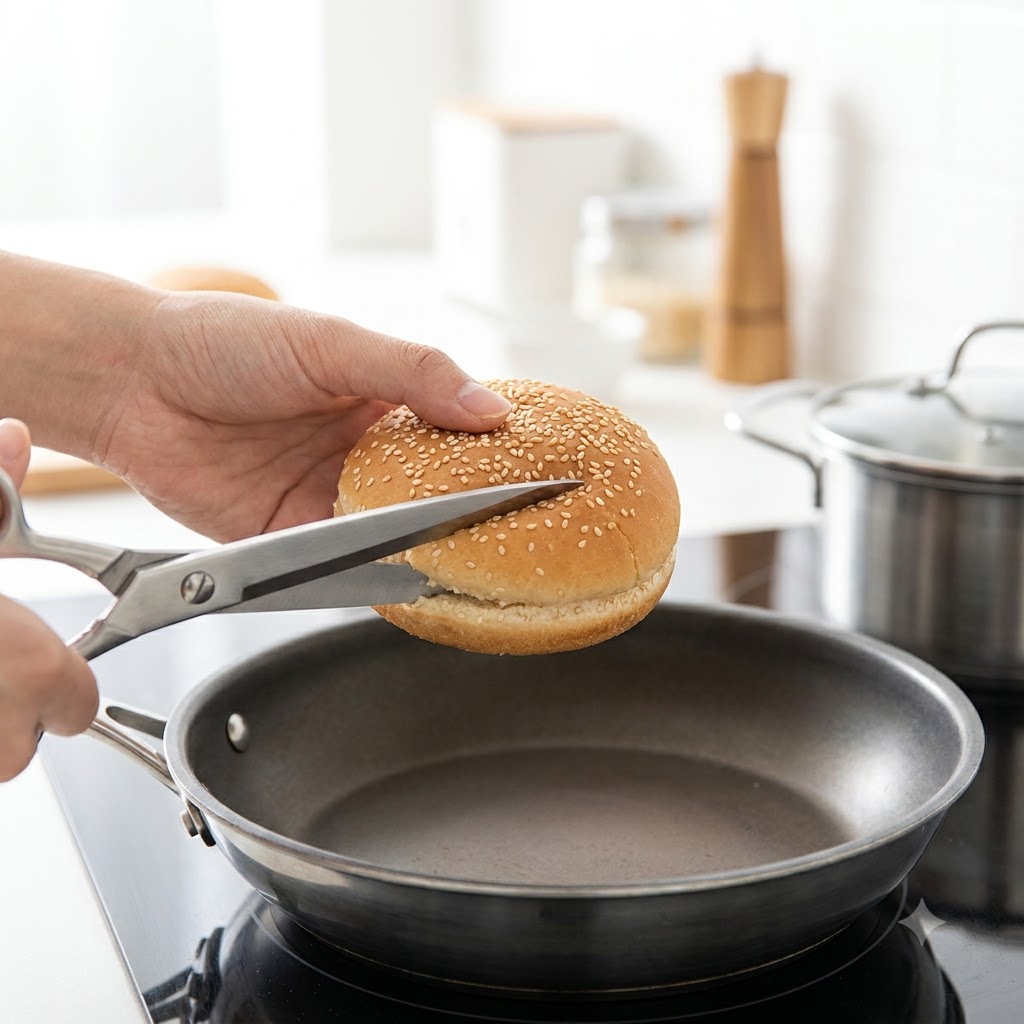Un panino da hamburger riscaldato tagliato a metà con le forbici.
