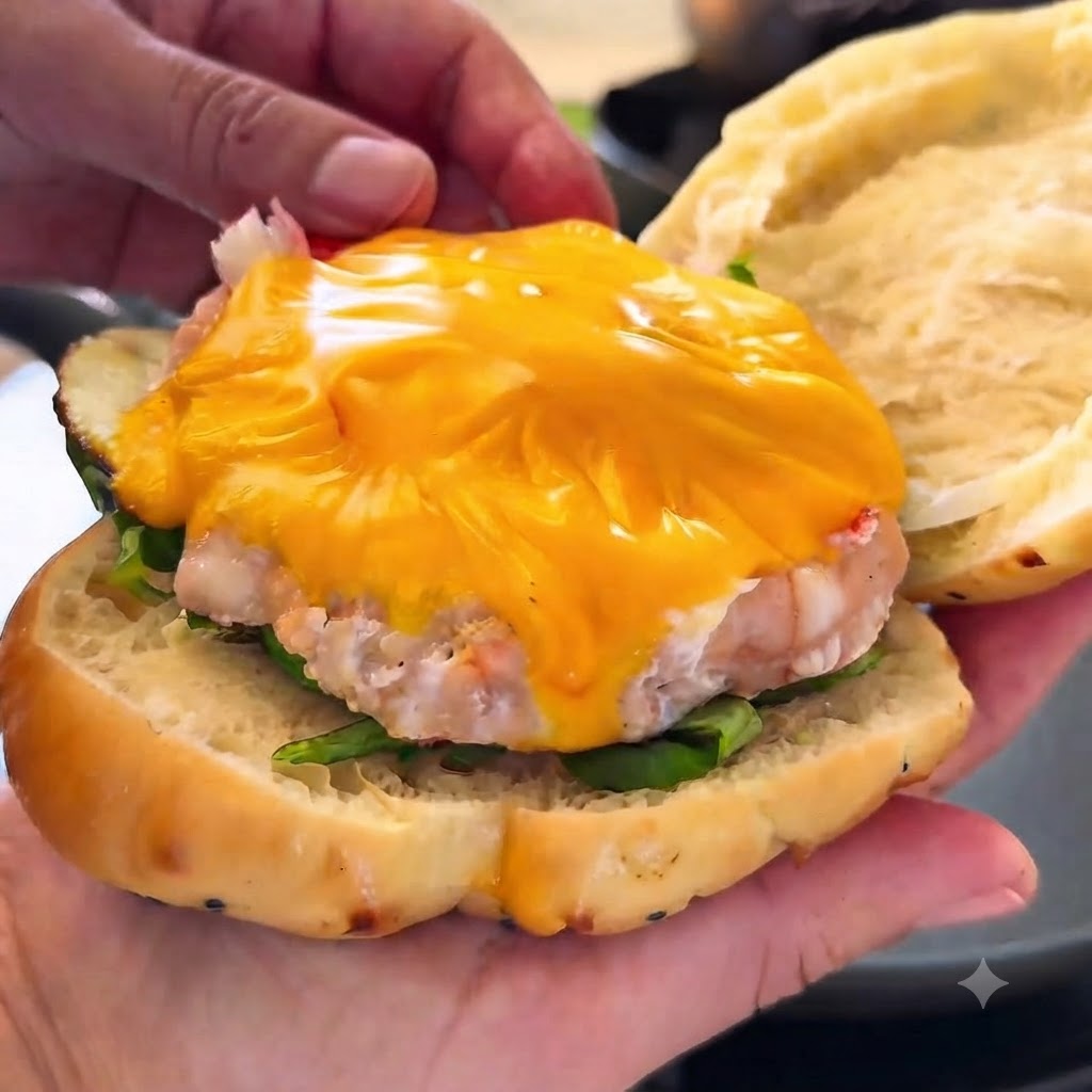 Foglie di lattuga fresca e un tortino cotto con formaggio fuso allinterno di un panino da hamburger tagliato.