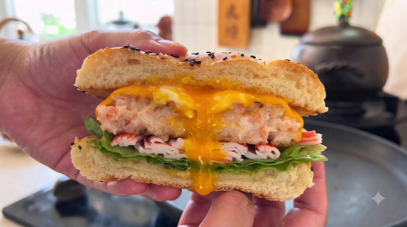 Burger di uova con pasta di gamberi e surimi