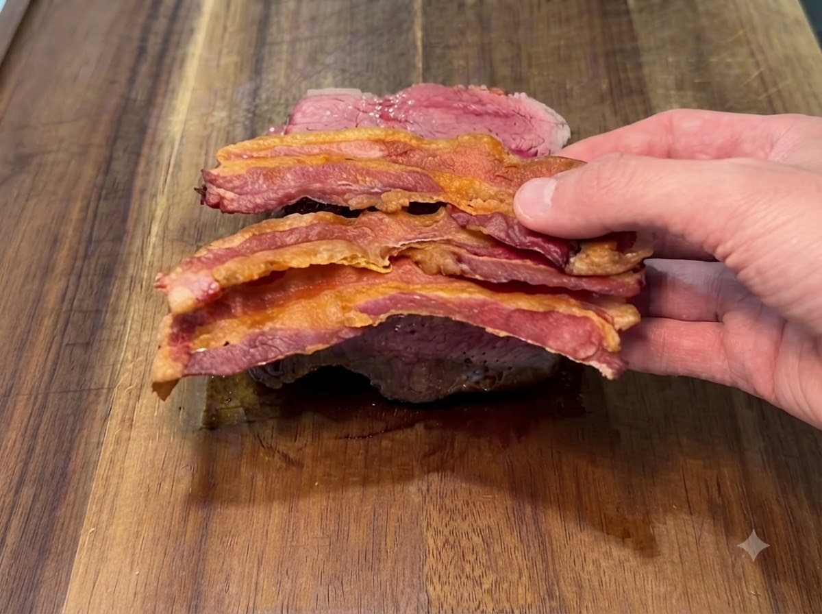 Strisce di pancetta croccante posizionate sopra lo strato di formaggio fuso.