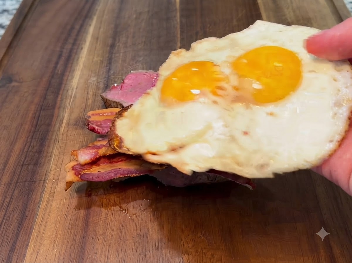 Due uova fritte posizionate sopra le strisce di pancetta.