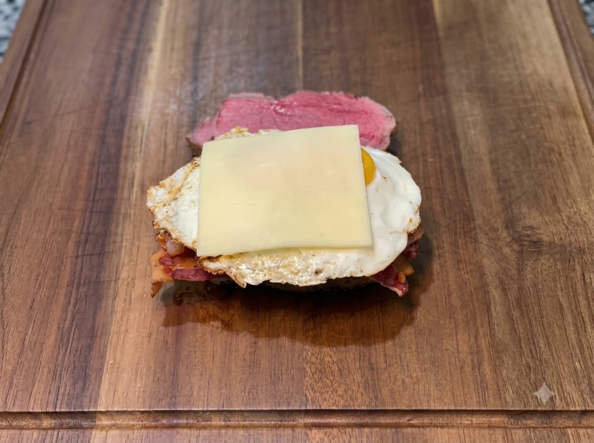 Una fetta di formaggio posta sopra le uova fritte e fatta sciogliere con un cannello a gas.
