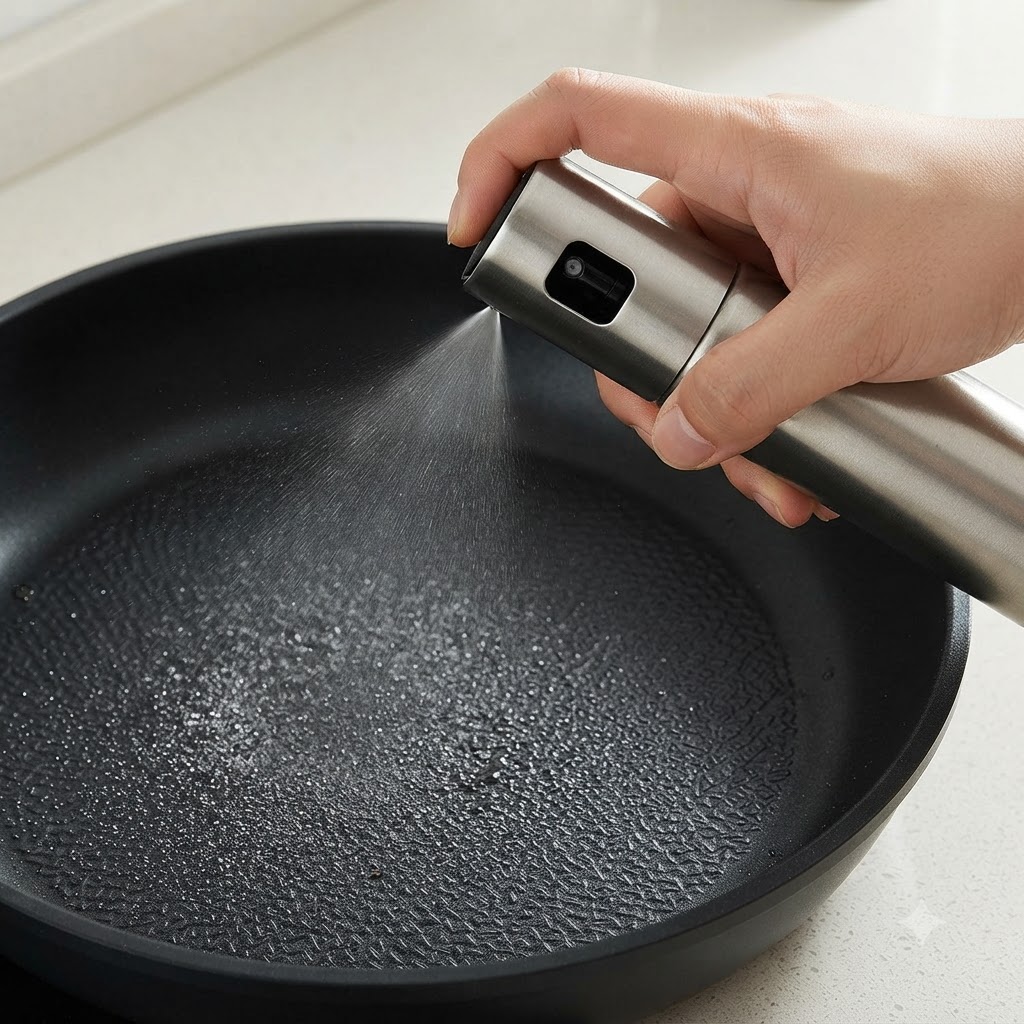 Una mano che spruzza un sottile strato di olio da cucina sulla superficie inferiore di una padella nera.