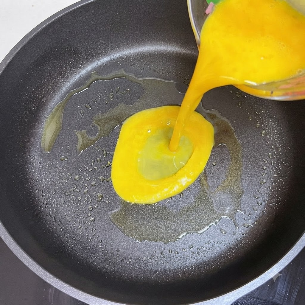 Uova sbattute di colore giallo brillante versate da un misurino trasparente in una padella calda.