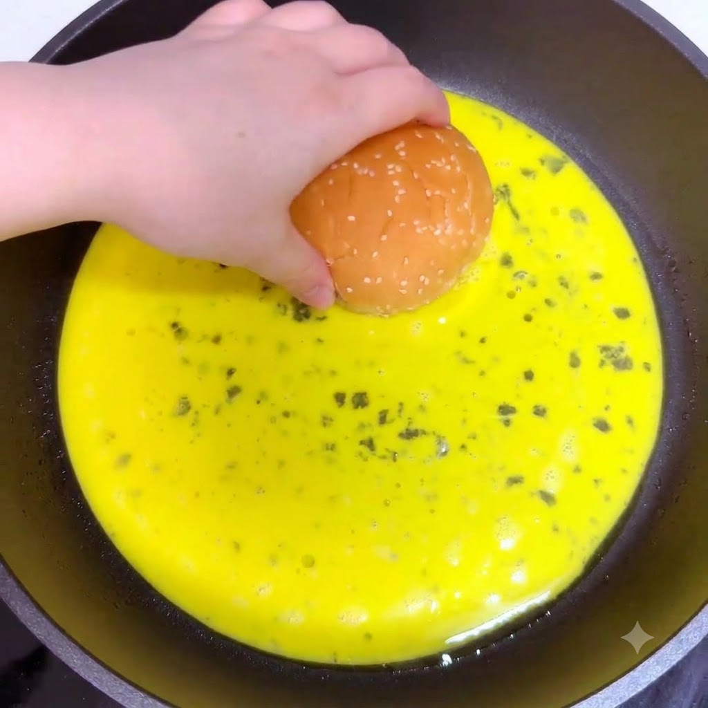 Una mano che posiziona due panini da hamburger capovolti in una pozza di composto di uova gialle crude in una padella.